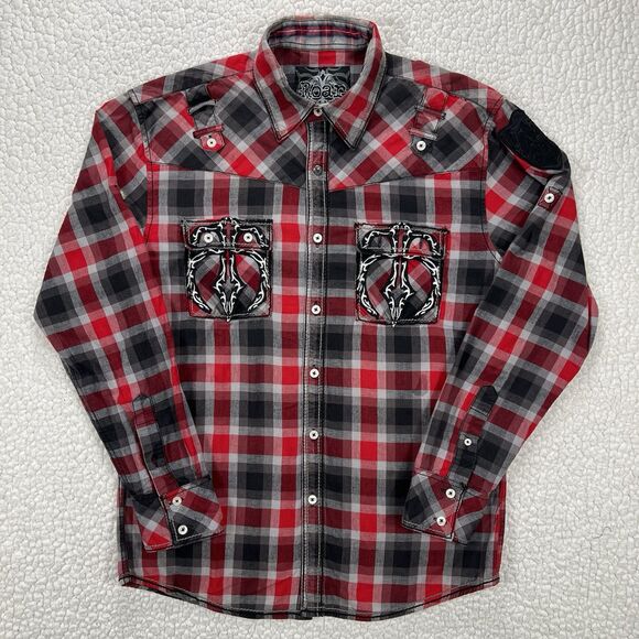 Roar Buckle Button Up Shirt Mens Medium Red Black Plaid Y2K Western Embroidered